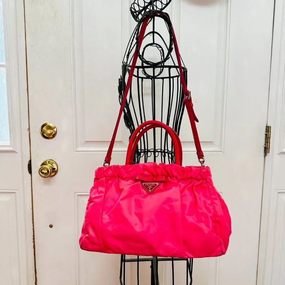 AUTH PRADA PINK TESSUTO NYLON SATCHEL BAG AND LEATHER ZIP-AROUND LONG WALLET SET - Picture 2 of 16